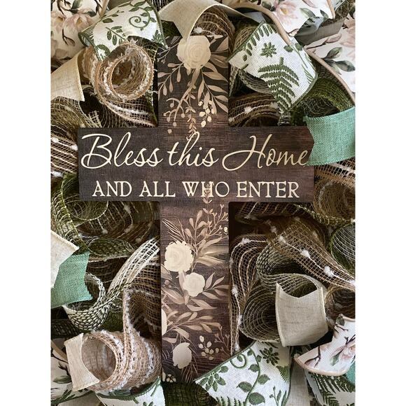 Bless this Home Wood Cross Sign & Ribbon Bundle Set, DIY Wreath Making Kit Box - Picture 2 of 6